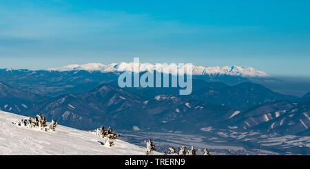 Blick auf Zapadne und Vysoke Tatry Berge mit Velka Fatra Gebirge auf der Vorderseite von Martinske Hole in der Mala Fatra Gebirge in der Slowakei während Stockfoto