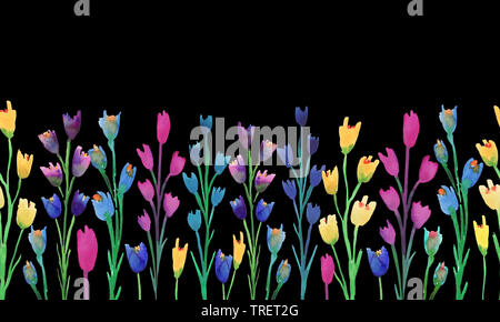 Florale mit Blumen auf schwarzem Hintergrund. Nahtloser Grenze Stockfoto