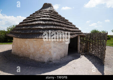 Von außen neu Steinzeit Steinzeit Hütte/stoneage Hütten mit Reetdach/Dächern. Dorf Ausstellung; Visitor Center Stonehenge/Stone Henge. Amesbury, Wiltshire, UK (109) Stockfoto