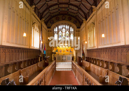 Das Kirchenschiff mit verzierten Decke/Dach, in die Richtung des Altars. St Nicholas-in-Castro Kapelle. Carisbrooke Castle auf der Isle of Wight, Großbritannien (99) Stockfoto