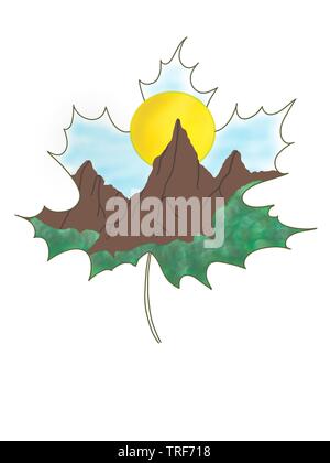 Berg und Wald in ein Blatt. Angibt, dass jedes Blatt für die Umwelt wichtig ist Stockfoto