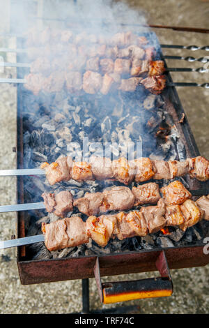 Closeup Makro von roh gebratenen mariniertes Fleisch Grill Shish Kebab Schaschlik auf Stahl metall Spieße liegen Grill Feuer brazier mit Holzkohle. Stockfoto