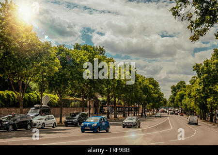 Autos auf einer von Bäumen gesäumten Straße in sonniger Tag in Paris. Einer der kulturellen Zentrum der eindrucksvollsten Welt in Frankreich. Stockfoto