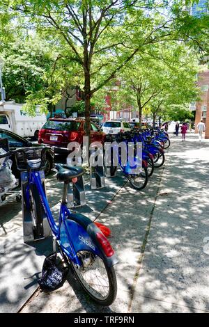 Reihe von Citi Fahrräder an der Docking Station St. James Place, Manhattan, New York, NY geparkt Stockfoto