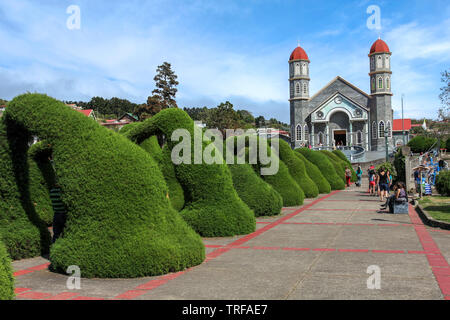 Francisco Alvardo Park und der Kirche von San Rafael in Zarcero, Costa Rica Stockfoto