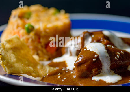 Huhn mit Mole Poblano Sauce und mexikanische Reis, traditionelle Spezialität von Oaxaca und Puebla. Essen, Restaurants, Menüs, Mexiko, Reisen, Tradition. Cop Stockfoto