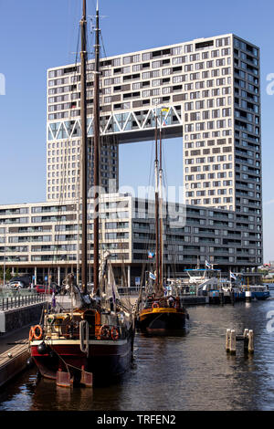 Amsterdam, Niederlande, Pontsteiger Komplexe in der ehemaligen Holz- Port, auf dem Ij, Houthavens, Hochhaus, Wolkenkratzer, mit Apartments, hotel, Stockfoto