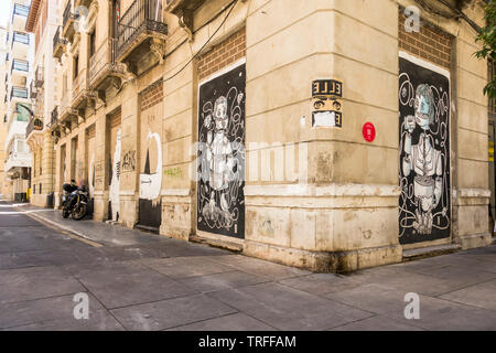 Blick auf die Straße von Malaga Soho Art District. Malaga, Andalusien, Spanien. Stockfoto