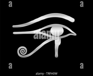 Auge des Horus. Der ägyptischen Antike silber Symbol der Göttin Wedjat-Abbildung auf schwarzen Hintergrund. Stockfoto