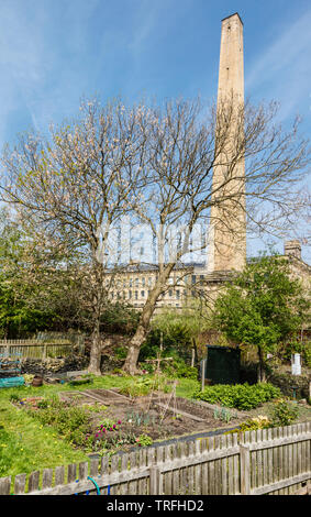 Die Salze Mühle Schornstein thront über einem kleinen Zuteilung in Saltaire Stockfoto