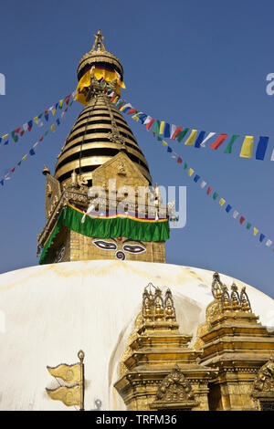 Das gold spitze und alles sehenden Augen Buddhas auf einem weißen Kuppel Stupa in Gebetsfahnen geschmückt, Swayambhunath buddhistischen Tempel Kathmandu Kathmandu V Stockfoto