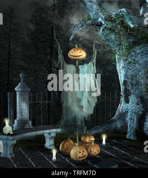 Mysteriöser Altar in einer schwarzen Friedhof im Wald mit Gruselige Kürbisse Stockfoto