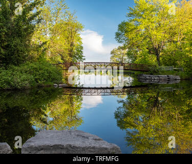 Einen schönen Frühling Morgen Schuß des Beavermead park Fußgängerbrücke und Reflexion, über die perfekt noch Wasser in kleinen See. Stockfoto
