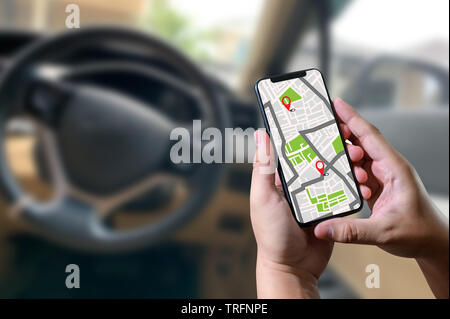 GPS-Karte Route Ziel Netzwerkverbindung Lage Stadtplan mit GPS-Icons Navigation Stockfoto