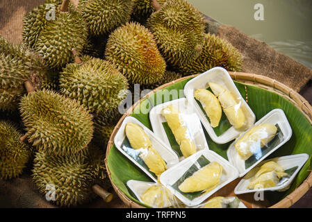 Frische durian auf Fach und reife Durian tropische Frucht geschält zum Verkauf auf dem Markt Stockfoto