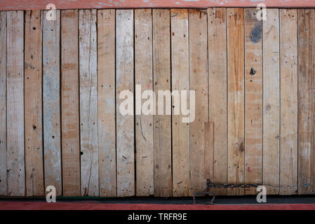 Streifiges Holz Wand Textur Hintergrund mit rohem, unbehandeltem Kiefernholz Planken. Rauhe natürliche Kiefer Bretter. Stockfoto