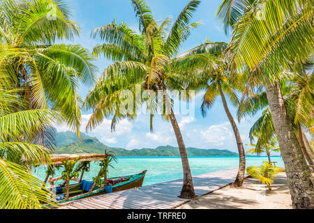 Schöne Landschaft mit Kokospalmen auf tropischer Insel Bora Bora. Eingerichtete touristische Boot an der hölzernen Kai. Stockfoto