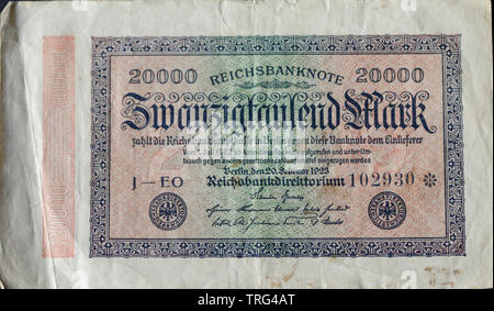 Twentythousand Mark Banknote 1923 ausgestellt in Deutschland Stockfoto