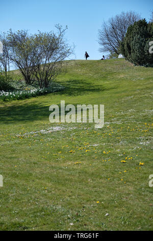 Silhouetten von zwei Personen auf einem Hügel im Frühling Stockfoto