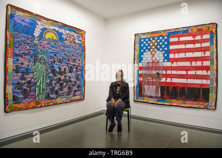 Serpentine Galerien, London, UK. 5. Juni 2019. Die bahnbrechende Arbeit von Faith Ringgold (dargestellt) wird in dieser Ausstellung in der Serpentine Galerien gefeiert, die sich in ihrem ersten in einer Europäischen Institution. Seit mehr als fünf Jahrzehnten, Ringgold hat stets die Wahrnehmung der afrikanischen amerikanischen Identität und die Ungleichheit der Geschlechter durch die Linsen der feministischen und der Bürgerrechtsbewegungen in Frage gestellt. Credit: Malcolm Park/Alamy Leben Nachrichten. Stockfoto