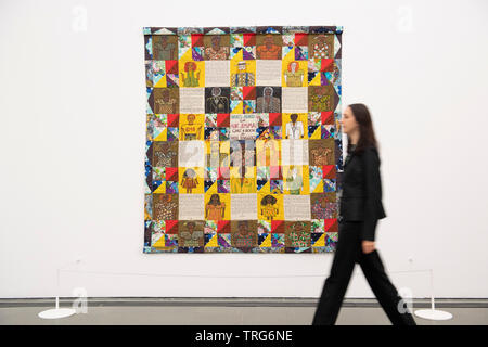 Serpentine Galerien, London, UK. 5. Juni 2019. Die bahnbrechende Arbeit von Faith Ringgold (b. 1930, Harlem, New York) ist in dieser Ausstellung in der Serpentine Galerien gefeiert, die sich in ihrem ersten in einer Europäischen Institution. Seit mehr als fünf Jahrzehnten, Ringgold hat stets die Wahrnehmung der afrikanischen amerikanischen Identität und die Ungleichheit der Geschlechter durch die Linsen der feministischen und der Bürgerrechtsbewegungen in Frage gestellt. Bild: Wer hat Angst vor Tante Jemima?, 1983. Mit freundlicher Genehmigung des Künstlers und ACA Galleries, New York. Credit: Malcolm Park/Alamy Leben Nachrichten. Stockfoto