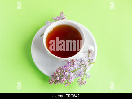 Traditionelle schwarze Tee in eine weiße Tasse auf einem hellgrünen Hintergrund mit einem Zweig der Flieder Stockfoto