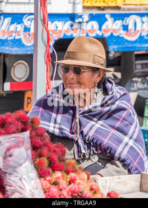 Saquisili, Ecuador - Mai 2, 2019 - einheimische Dame Verkauf in den Saquisili Markt in der Region Cotopaxi in Ecuador, Südamerika Stockfoto