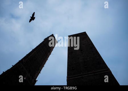 Dunkel und Moody andere Ansicht der Asinelli und Garisenda mittelalterlichen schiefen Türme von unten mit creepy Vogel vorbei an einem bewölkten Tag Stockfoto