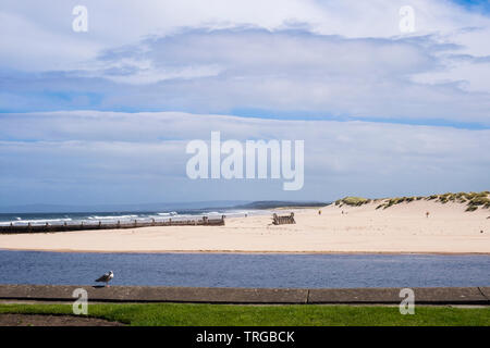 Blick nach Ost Strand und Dünen auf lossie Flussmündung von Uferpromenade am Moray Firth Küste. Lossiemouth, Moray, Schottland, Großbritannien, Großbritannien Stockfoto