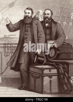 Lithographie Abbildung des 19. Jahrhunderts amerikanische christliche Evangelisten D.L. Moody und Ira Sankey schwenkten Taschentücher von einem Schiff in ein Abschied von England, c 1877. Stockfoto