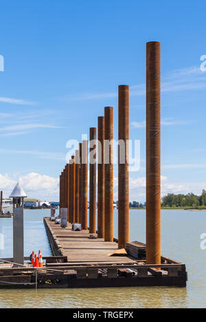 Stahl Ausrichtung pilings während eines extrem niedrigen Tide in Steveston British Columbia ausgesetzt Stockfoto