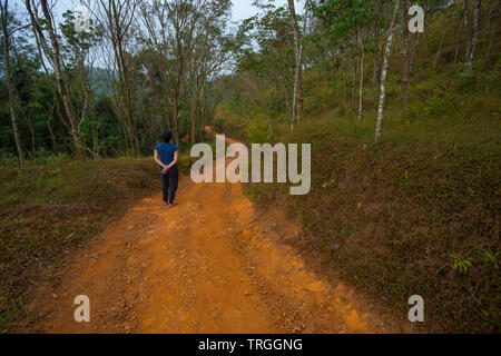 Frau entlang ein Irdenes Trail in Wayanad (Kerala, Indien) Stockfoto