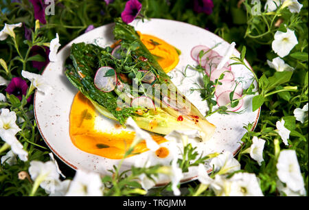 Sommer Salat auf einen Teller unter den Blumen Stockfoto