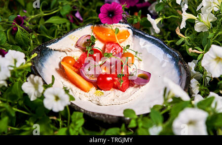 Sommer Salat auf einen Teller unter den Blumen Stockfoto