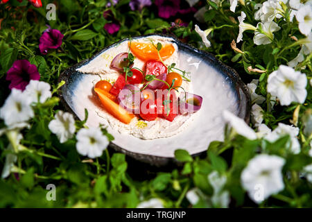 Sommer Salat auf einen Teller unter den Blumen Stockfoto