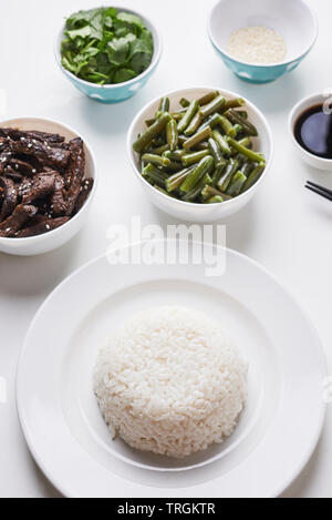 Koreanisches Gericht, Rindfleisch, Reis und Bohnen. Stockfoto