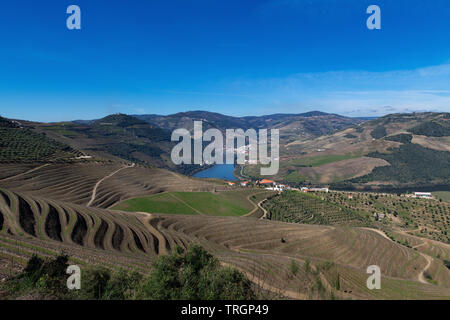 Blick auf den Douro Tal mit dem pinhao Dorf, terrassierten Weinbergen und den Fluss Douro in Portugal; Konzept für Reisen in Portugal und schönsten p Stockfoto