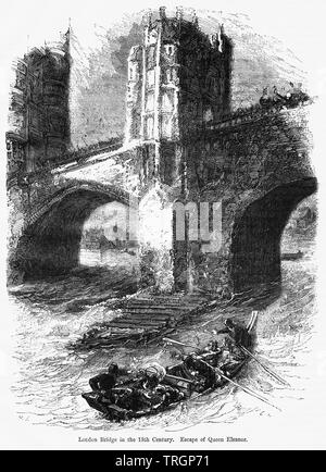 London Bridge im 13. Jahrhundert, Flucht der Königin Eleanor, Illustration von John's Cassell Illustrated Geschichte Englands, Bd. I aus der frühesten Periode der Herrschaft von Edward der Vierten, Cassell, Petter und Galpin, 1857 Stockfoto