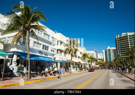 MIAMI - Januar 12, 2018: Pastell-getrimmten Art-Deco-Gebäude Zeile eine leere Ocean Drive in einer ruhigen Morgen in South Beach. Stockfoto