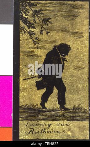 Beethoven, Ludwig van 1770 - 1827, Bild Ludwig van Beethoven. Tiefdruck auf goldenen Boden in silhouette Stil, Additional-Rights - Clearance-Info - Not-Available Stockfoto