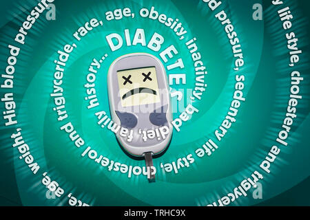 Diabetes Risikofaktoren zeigen auf glucometer, Gefahr für die Gesundheit. Medizinisches Konzept Stockfoto
