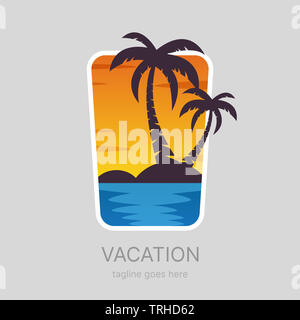 Sommer, tropischen Landschaft, Paradies, Logo Design. Flache Vektor sunset beach brandmark, EPS 10 Vorlage. Stockfoto