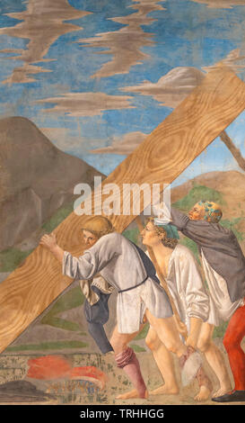 Beisetzung des Heiligen Holz, mit Bediensteten der Constantine, Legende des Wahren Kreuzes, Freskenzyklus, Piero della Francesca, Bacci Kapelle, die Cappella Bacci, Capp Stockfoto