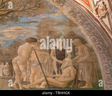 Adam sendet Seth mit dem Erzengel Michael für das Öl der Barmherzigkeit, Tod von Adam, Legende des Wahren Kreuzes, Freskenzyklus, Piero della Francesca zu plädieren Stockfoto