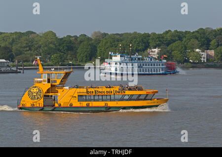 Fähre und Raddampfer Louisiana Star auf der Elbe bei Finkenwerder, Hamburg, Deutschland Stockfoto