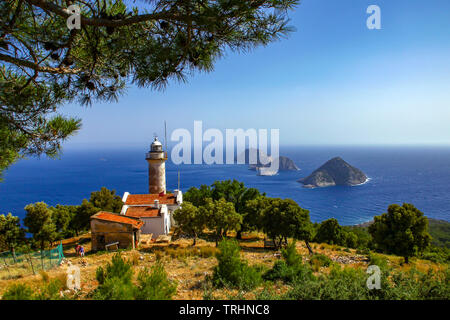 Gelidonya Leuchtturm und Inseln auf Lykischen Weg in Antalya, Türkei. Stockfoto