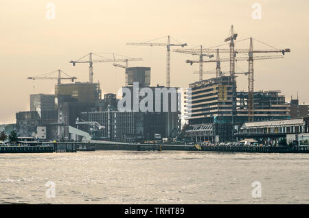 Rotterdam, Niederlande, 29. August 2019: Blick über den Fluss Nieuwe Maas in Richtung Gebäude Standorte mit Kranen in Katendrecht Gegend auf einem DUNSTIGEN Stockfoto