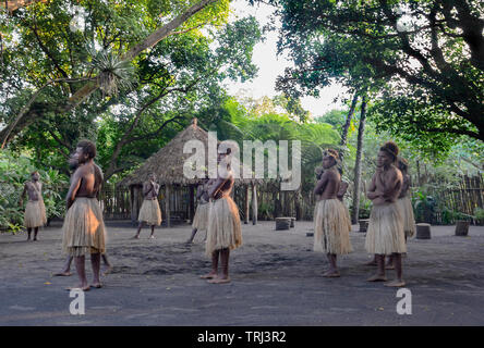 Die traditionellen Begrüßungszeremonie von einheimischen Gras tragen Röcke, Insel Tanna, Vanuatu, Melanesien Stockfoto