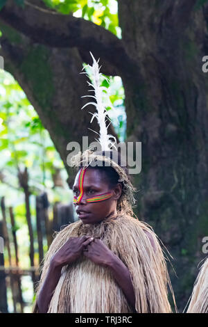 Die traditionellen Begrüßungszeremonie von einheimischen Gras tragen Röcke, Insel Tanna, Vanuatu, Melanesien Stockfoto