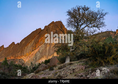 Schönen malerischen Blick auf einen Baum und Felsformation bei Sonnenuntergang bei Pinnacles National Park in Kalifornien. Stockfoto